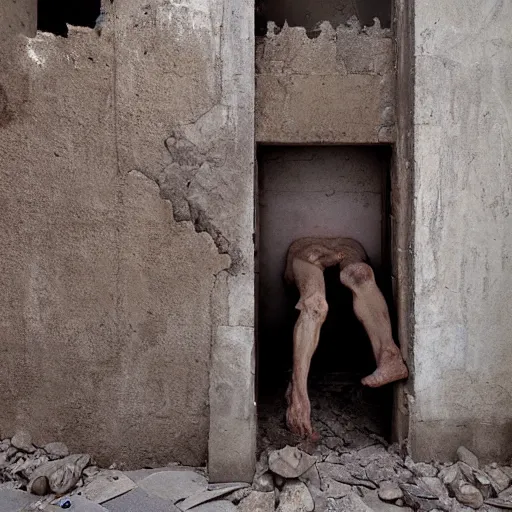 Prompt: a decayed man emerging from a wall by Zhang Kechun