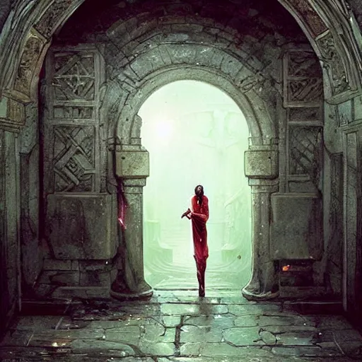 Prompt: A female tiefling sorcerer, stepping through a magical portal showing another dimension, into a palace courtyard, dramatic lighting, fantasy art by Greg Rutkowski