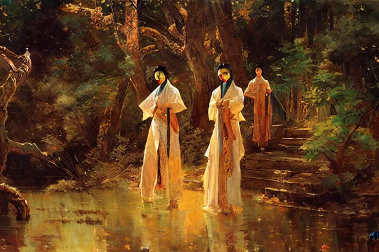 Image similar to wuxia, forest, moonlight, painting by gaston bussiere, craig mullins, j. c. leyendecker