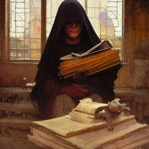 Prompt: half portait of magican wearing a closed cowl holding a big old book!, jeremy mann, jean leon gerome, alphonse mucha, greg rutkowski, hood covers his eyes, ( ( ruins of ancient rome ) ), at dusk, mysterious atmosphere, sunrays, dof, masterpiece, high detailed, 8 k