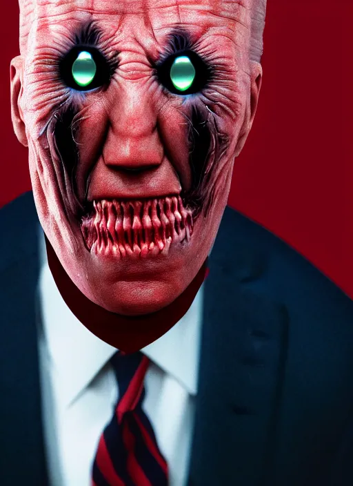 Image similar to hyper realistic ultra realistic cenobite pinhead biden photo furious glowing red eyes biden, high quality photo, detailed , 8k