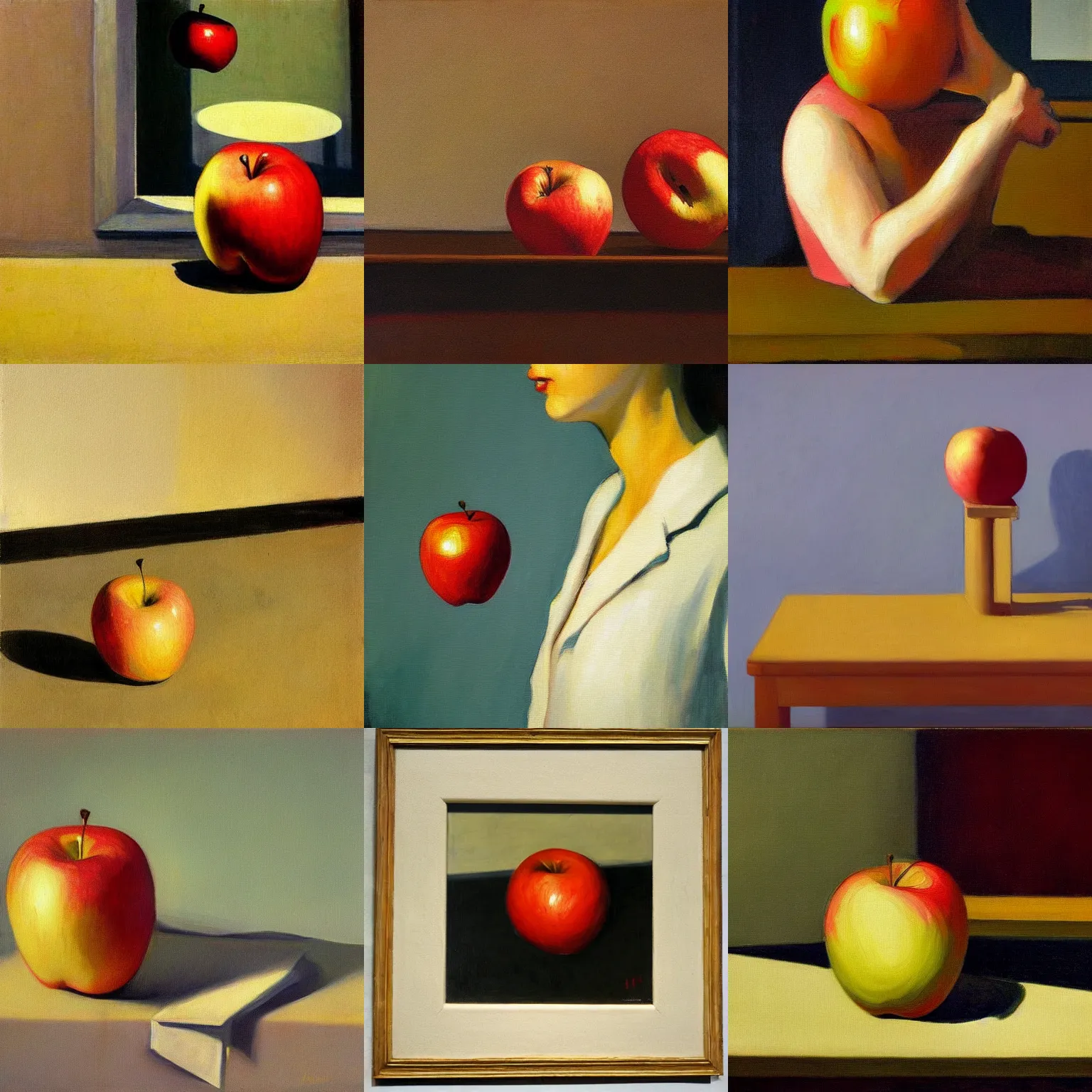 Prompt: a painting of an apple on canvas, edward hopper vibe, melancholic setting