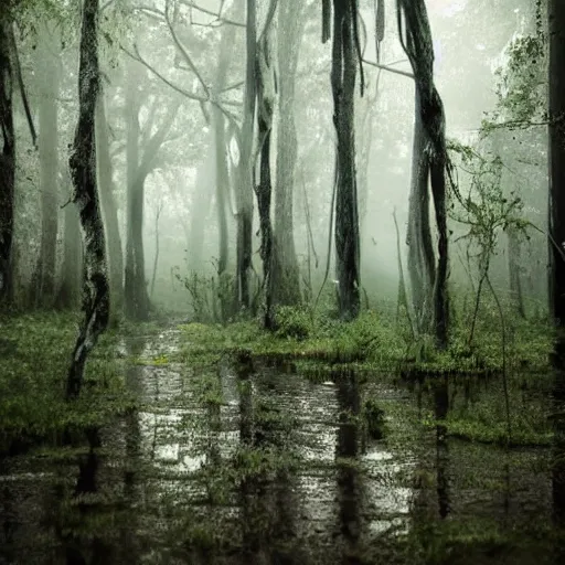 Prompt: beautiful intricate forest, swamp, rain