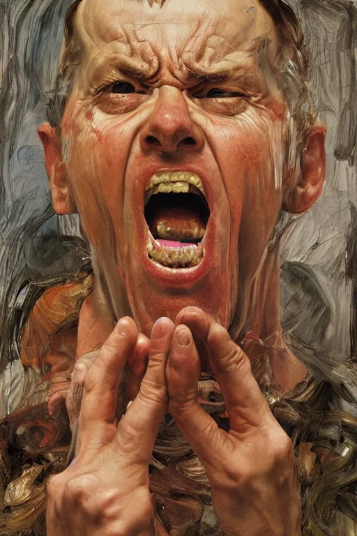 Image similar to portrait of a man enraged, part by Jenny Saville, part by Lucian Freud, part by Norman Rockwell