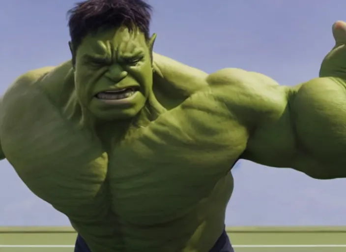 Image similar to film still of hulk playing tennis in the new avengers movie, 4 k