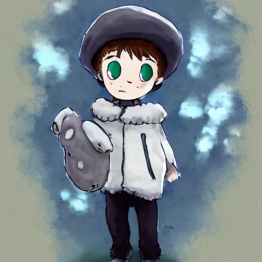 Prompt: little boy wearing sheep suit. white, gray, blue, green and brown pallet color. made in abyss art style, inspired in chris from deltarrune, artgerm, pixar movie