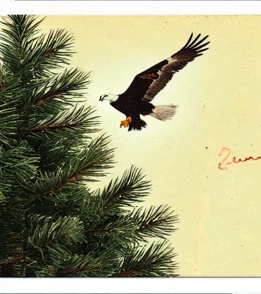 Image similar to damaged postcard of 'an eagle in the nest of a snowy pine tree' laying on table, zoomed out shot