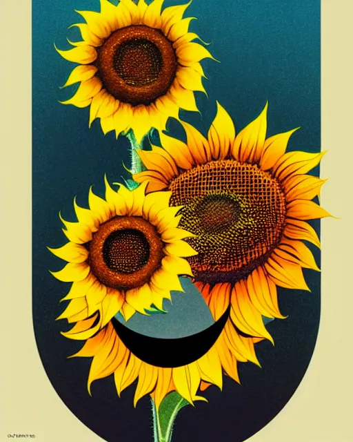 Image similar to sunflower with a smiley face central, by koson ohara, by darwyn cooke, by greg rutkowski, by satoshi kon