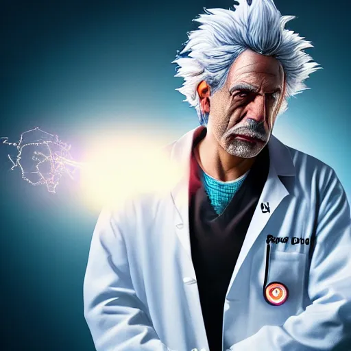 Image similar to portrait of older rick sanchez, lab coat and tee shirt, lens flare, atmosphere, glow, detailed, intricate, full of colour, cinematic lighting, trending on artstation, 4 k, hyperrealistic, focused, extreme details, unreal engine 5, cinematic, masterpiece