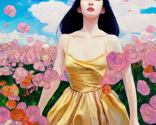 Prompt: lee jin - eun in elegant chic interstellar dress emerging from gold gold by martine johanna, michael garmash and katsuhiro otomo, rule of thirds, seductive look, beautiful, cotton candy clouds, puyallup berteronian, himalayan poppy flowers, gorgeous, face anatomy, refined, masterpiece