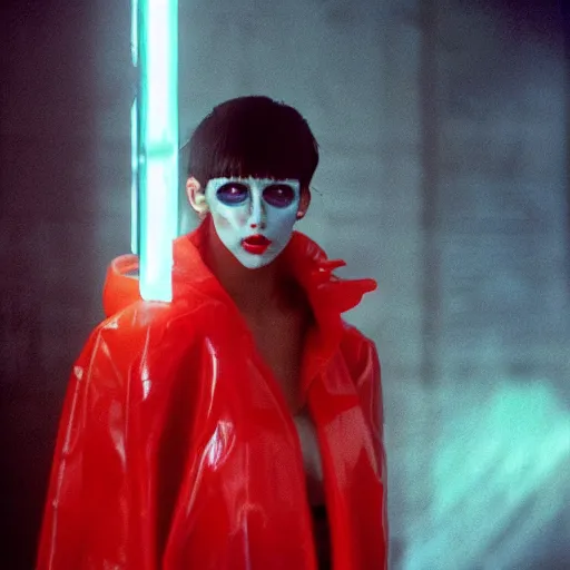 Image similar to cinematic portrait of a runaway replicant with tribal facepaint and a red translucent plastic raincoat in an empty room, still from the movie bladerunner, fashion photography, a neon sign is in the background