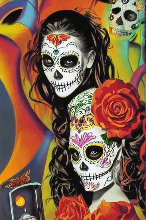 Prompt: Illustration of a sugar skull day of the dead girl, art by syd mead