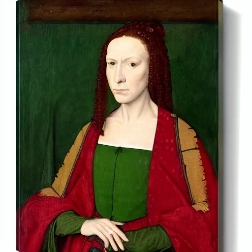 Image similar to portrait of a 40 years old women, dark red hair, green eyes, in medieval clothing, renaissance painting