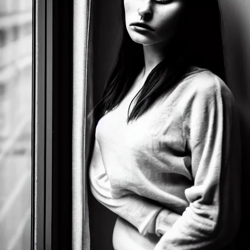 Image similar to black and white photography of highly detailed beautiful depressed Woman with detailed face in the heroine chique style standing by the window, vintage, natural light, sigma 85mm f/1.4 1/10 sec shutter