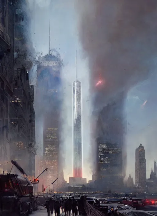 Image similar to hyper realistic 9 / 1 1 attacks, atmospheric beautiful details, strong composition painted by kim jung giu weta studio rutkowski, james gurney and greg rutkowski, and lucasfilm