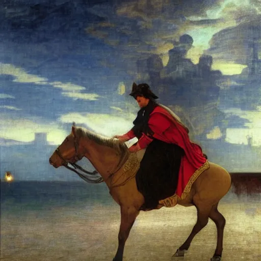 Prompt: Magician riding a horse leaving the castle through the bridge, thunderstorm, beach ocean on the background major arcana sky, by paul delaroche, alphonse mucha, arnold böcklin,hyperrealistic 8k, very detailed, portrait