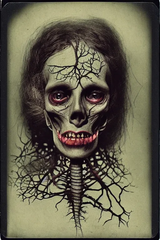 Prompt: an 1 9 1 0 polaroid photography of a very sad and detailed rotten woman corpse with fractal ornate growing around her face muscles, veins, arteries, bones, anatomical, skull, eye, ears, intricate, surreal, ray caesar, john constable, guy denning, dan hillier