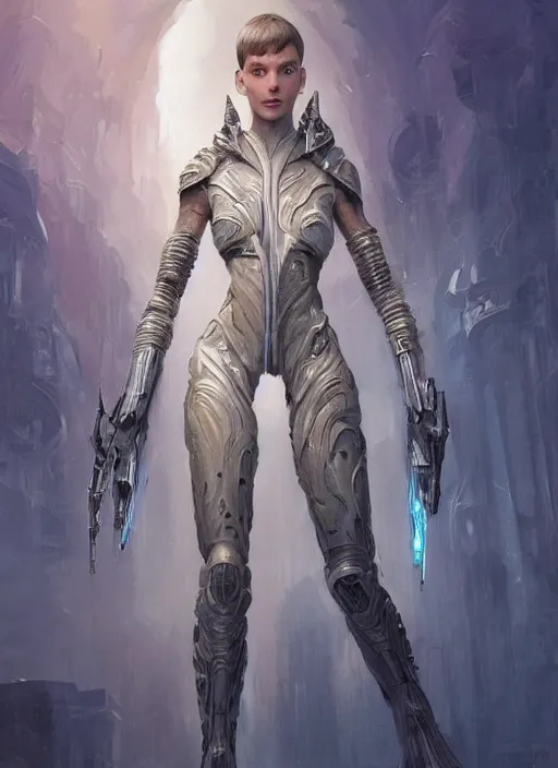 Image similar to a professional painting of a beautiful young female alien, clothed in ethereal armor, olive skin, long dark hair, beautiful bone structure, symmetrical facial features, intricate, elegant, digital painting, concept art, smooth, sharp focus, illustration, from Valerian and the City of a Thousand Planets, by Ruan Jia and Mandy Jurgens and Artgerm and William-Adolphe Bouguerea