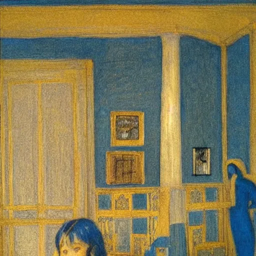 Image similar to a girl in a blue and gold ivory room, film still by goya, by koloman moser, elegant drawing, digital painting, jugendstil, art noveau, strong lights, flat colors, pastel colors