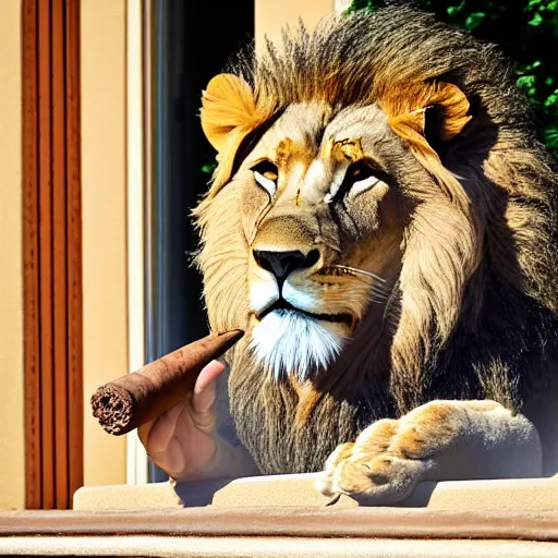 Image similar to a very detailed photo of a lion ( smoking a cigar ) outside the mansion by the pool