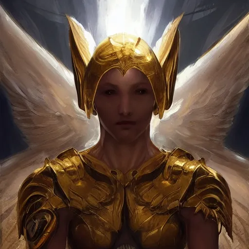 Image similar to golden armored angel, wings made of light, metal halo, no face, hooded, gold, fantasy, concept art, detailed realistic, character art by greg rutkowski and artgerm