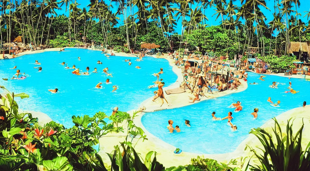 Image similar to a beautiful day at a Hawaiian pool,colorised,photograph