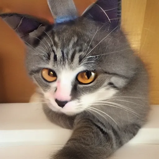 Image similar to cute cat photo wearing wool hat doing mlem cat ears