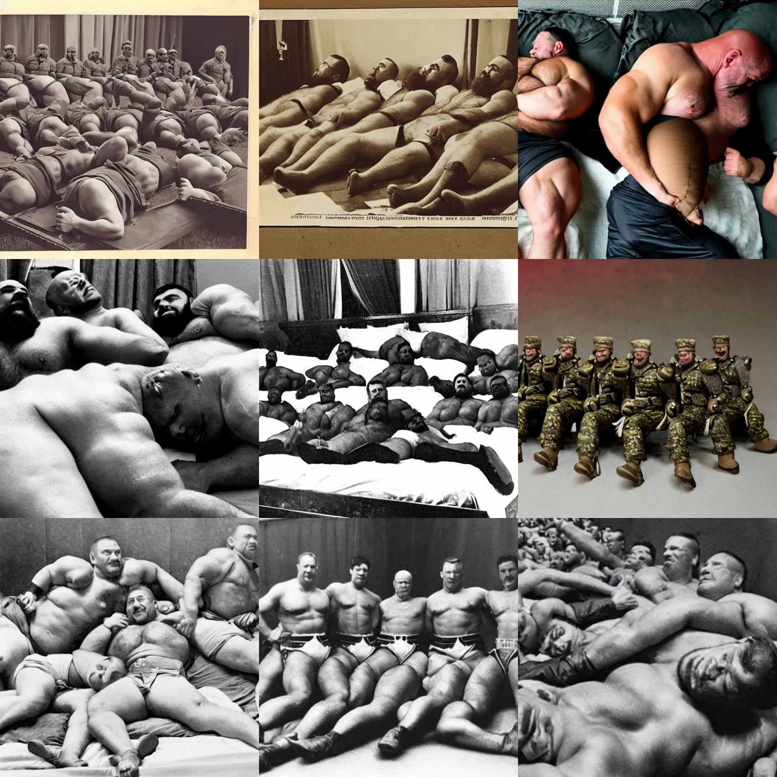 Prompt: regiment of big burly military strongmen laying down together in a bed