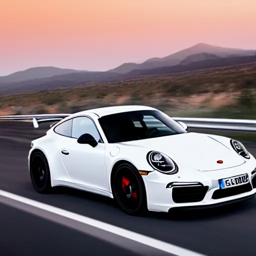 Prompt: 2 0 1 8 white porsche 9 1 1 racing on a highway, golden hour, 4 k photography, car photography, high detail