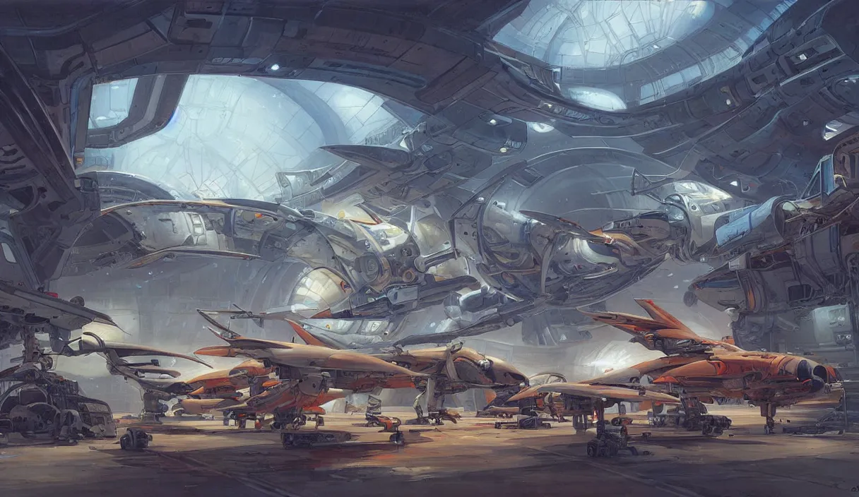 Image similar to a painting of a sci fi hangar, by jesper ejsing