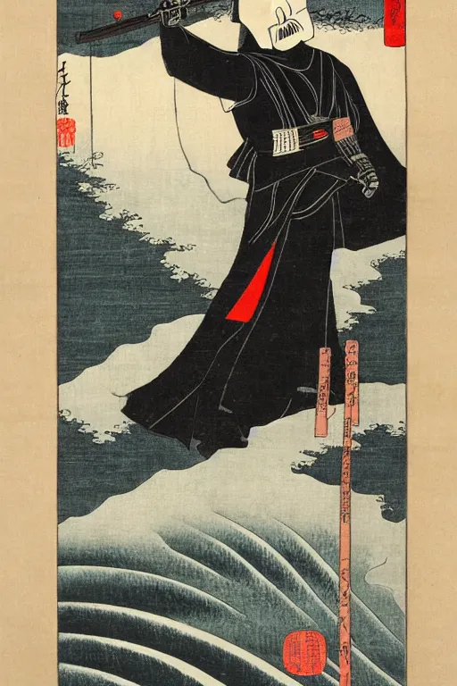 Image similar to Japanese woodblock print of Darth Vader holding a samurai sword , Hokusai