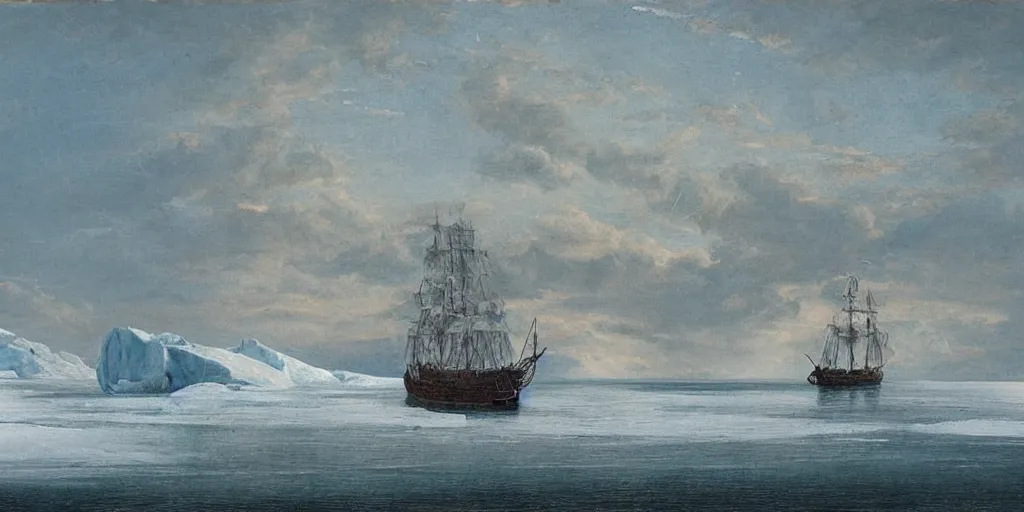 Image similar to “ a single 1 8 0 0 s sail ship is stuck in solid white sea ice, completely frozen sea, no water visible, the uneven and irregular frozen sea is jagged and maze - like, towering ice ridges and seracs, nighttime, stars visible, romanticist oil painting ”