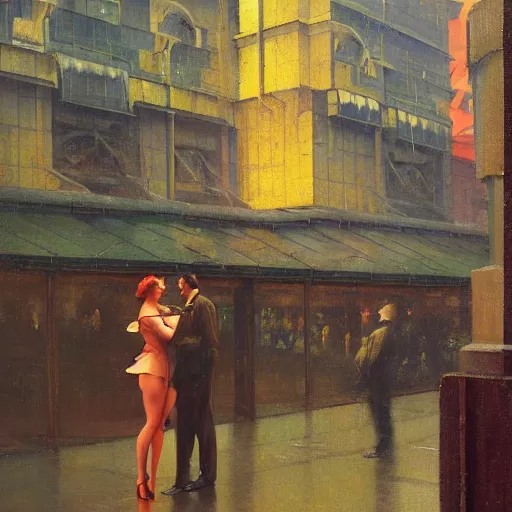 Prompt: 1 9 3 0 s detailed oil painting of a woman, cyberdeco cloisters, electronic billboards, tech noir, wet reflections, atmospheric, ambient, livia prima, george tooker, greg rutkowski, wlop, gil elvgren, grant wood, alexis flower, hopper, mucha, whistler, norman rockwell, peter max,