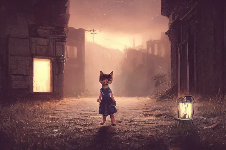 Image similar to a cute kitten wearing a dress is on an adventure through an abandoned town in the night, 3d scene, render, ultra realistic, zenith view, Greg Rutkowski, artstation, cgsociety, level design, unreal engine, 3d scene, render, ultra realistic, Enki Bilal style