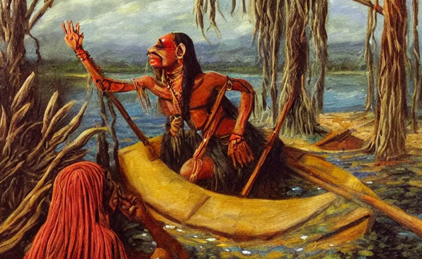 Image similar to an aztec cultist on a boat in the swamp in the style of romanticism, oil painting