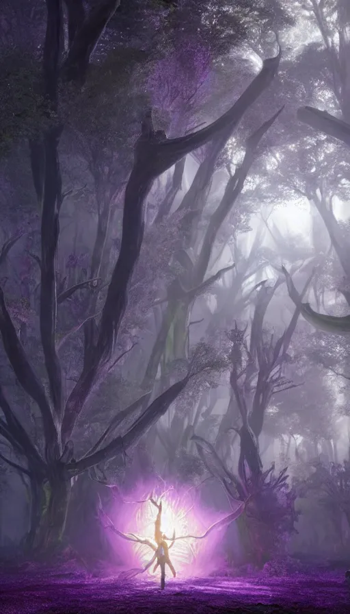 Prompt: hyper realistic 3 d render of a future sci - fi ancient god on the middle of a forest with a lot of purple trees holding a portal that's about to explode, fog, volumetric lighting, sunny day, by greg rutkowski and diego velazquez