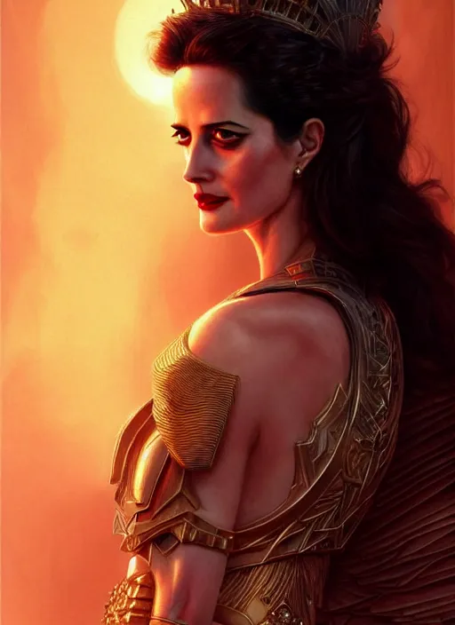 Prompt: eva green as amazon queen, intricate, elegant, glowing lights, highly detailed, digital painting, artstation, glamor pose, concept art, smooth, sharp focus, illustration, art by artgerm and greg rutkowski, artey freytag