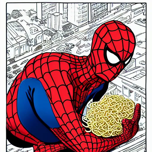 Prompt: spiderman eating noodles, illustration for children's book