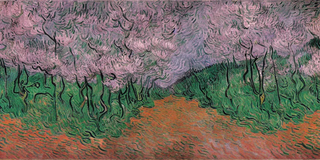 Prompt: in the dark cave, there is bright light at the exit, and outside is a pink peach blossom forest with colorful fallen flowers, by Vincent van Gogh