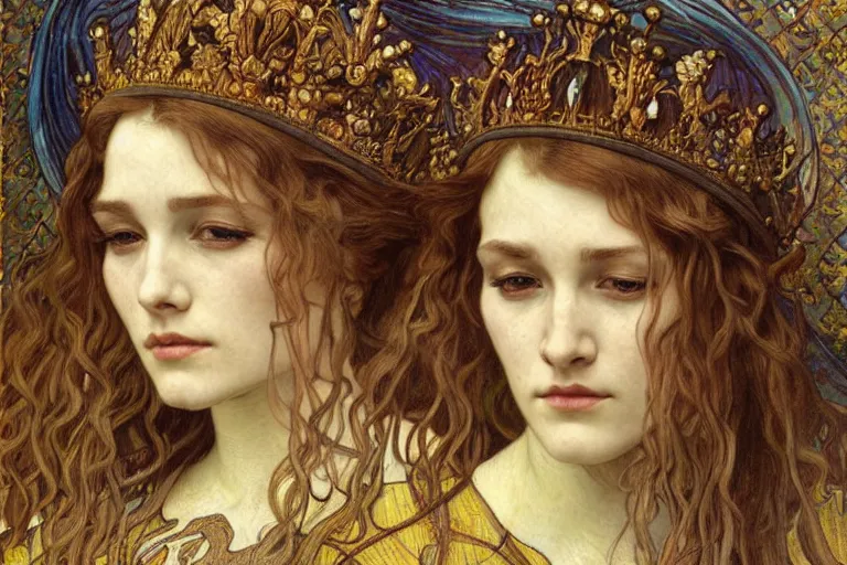 Image similar to detailed realistic beautiful young medieval queen face portrait by jean delville, alphonse mucha, vincent van gogh, and marco mazzoni, art nouveau, symbolist, visionary, gothic, pre - raphaelite