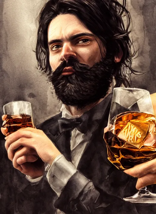 Image similar to portrait, a handsome Frenchman with beard and long black hair toasting with whiskey, the devil is in the background, watercolor, dramatic lighting, cinematic, establishing shot, extremely high detail, foto realistic, cinematic lighting, digital art, vector, by Yoshitaka Amano, Ruan Jia, Kentaro Miura, Artgerm, post processed, concept art, artstation, matte painting, style by eddie mendoza, raphael lacoste, alex ross