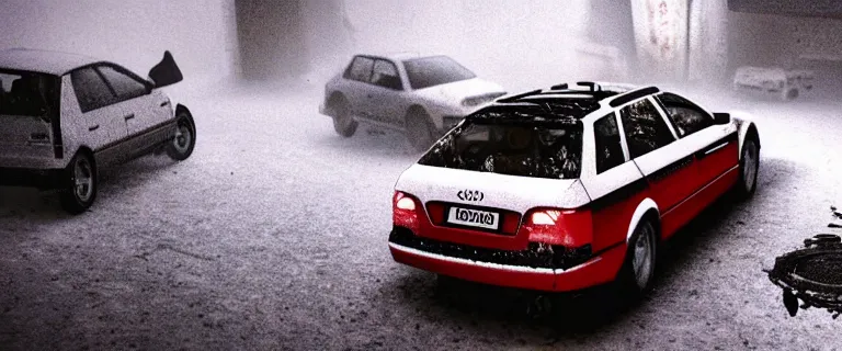 Image similar to Audi A4 B6 Avant (2002), a gritty neo-noir, dramatic lighting, cinematic, eerie person, death, homicide, homicide in the snow, viscera splattered all over the car, gunshots, establishing shot, extremely high detail, photorealistic, red mist, arson, burning city, cinematic lighting, artstation, by simon stalenhag, Max Payne (PC) (2001) winter New York at night, In the style of Max Payne 1 graphic novel, flashing lights, Poets of the Fall - Late Goodbye