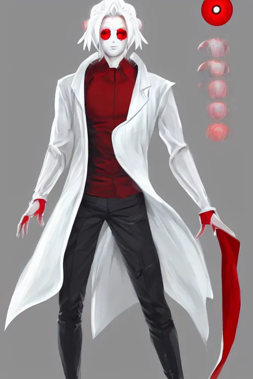 Image similar to technocratic overlord, full body white lab coat, hero, character concept art, costume design, red eyes, hairstyle inspired by Senku, trending on artstation, Artgerm, WLOP