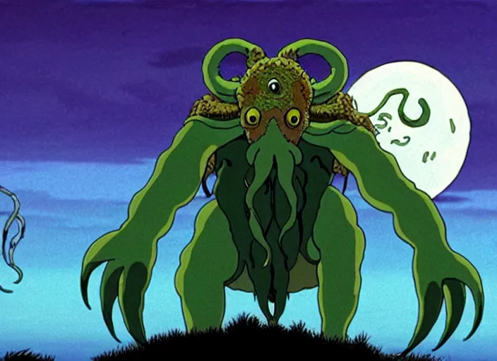 Prompt: a still from a studio ghibli movie of a cartoon cthulhu from princess mononoke ( 1 9 9 7 ), in front of a pale full moon, full body, wide shot, very dull muted colors, studio ghibli, highly detailed, deviantart, art by artgem