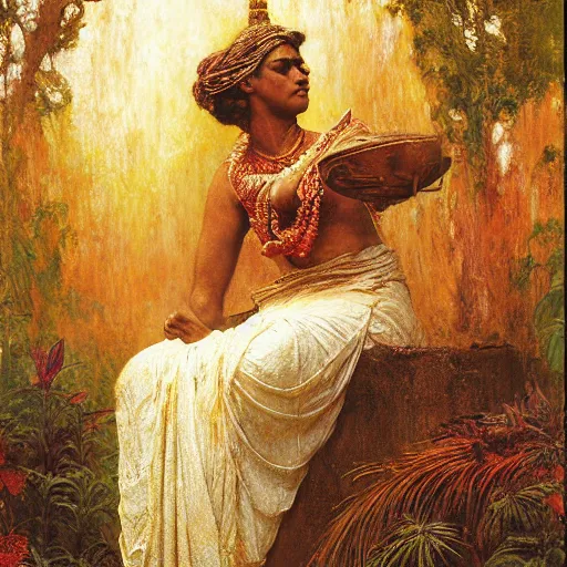 Image similar to srilankan woman worshipping old cunning as prophet, painting by gaston bussiere, craig mullins, j. c. leyendecker, lights, art by ernst haeckel, john william godward, hammershøi,,