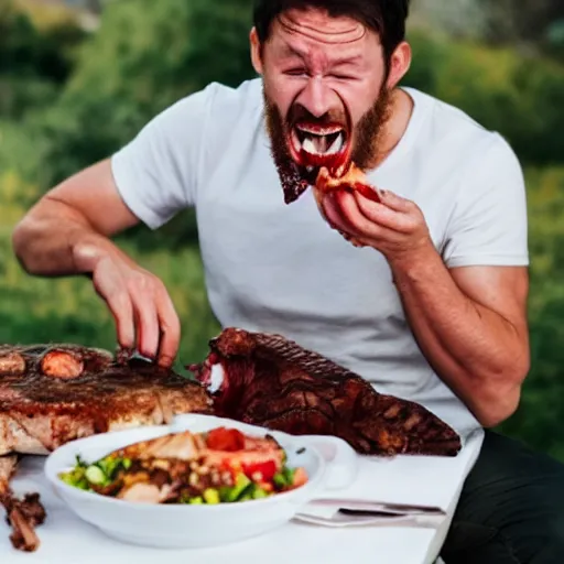 Prompt: man being devoured by his bloodthirsty dinner