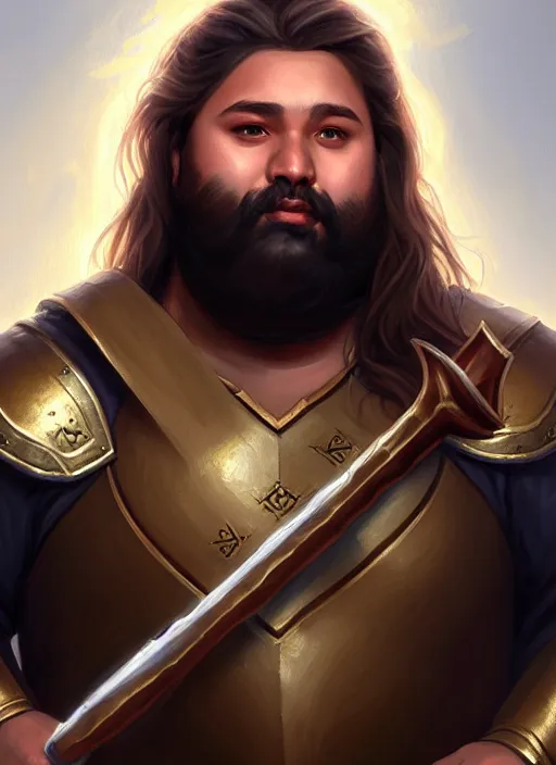 Image similar to a _ fantasy _ style _ portrait _ painting _ of esfandtv light brown male holy paladin with long wavy brown hair chubby and beard, hammer weapon, rpg dnd oil _ painting _ unreal _ 5 _ daz. _ rpg _ portrait _ extremely _ detailed _ artgerm _ greg _ rutkowski _ greg