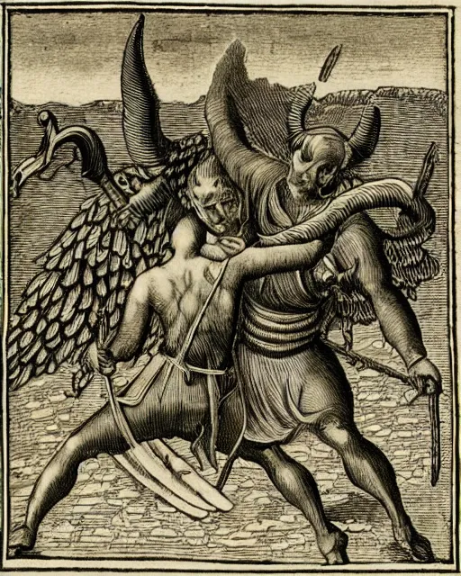 Image similar to devil fights angel, high detail, extremely detailed, very sharp, in the style of theodor de bry,