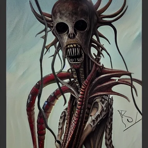 Prompt: a realistic painting by Raffaello Sanzi depicting the Slender Man with the head of the symbiotic Xenomorph Yautja in the Renaissance era ,smooth,Sharp focus, realism, trending on Artstation.