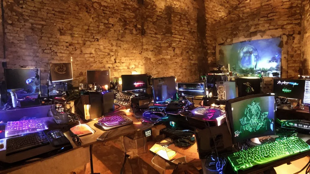 Prompt: Ancient roman LAN party, roman architecture, modern computers PC RGB gamer lights and gamer chairs